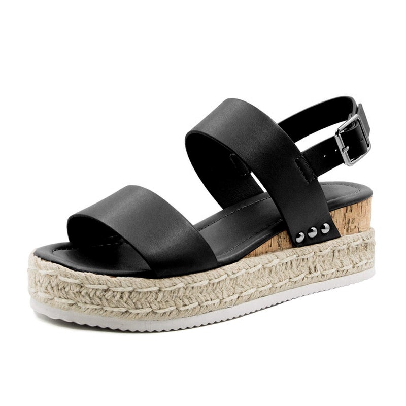 Athlefit Women's Espadrilles Platform Wedge Sandals Casual Open Toe Ankle Strap Buckle Summer Sandals, Black, Size 9.5, AD00502 - Image 1